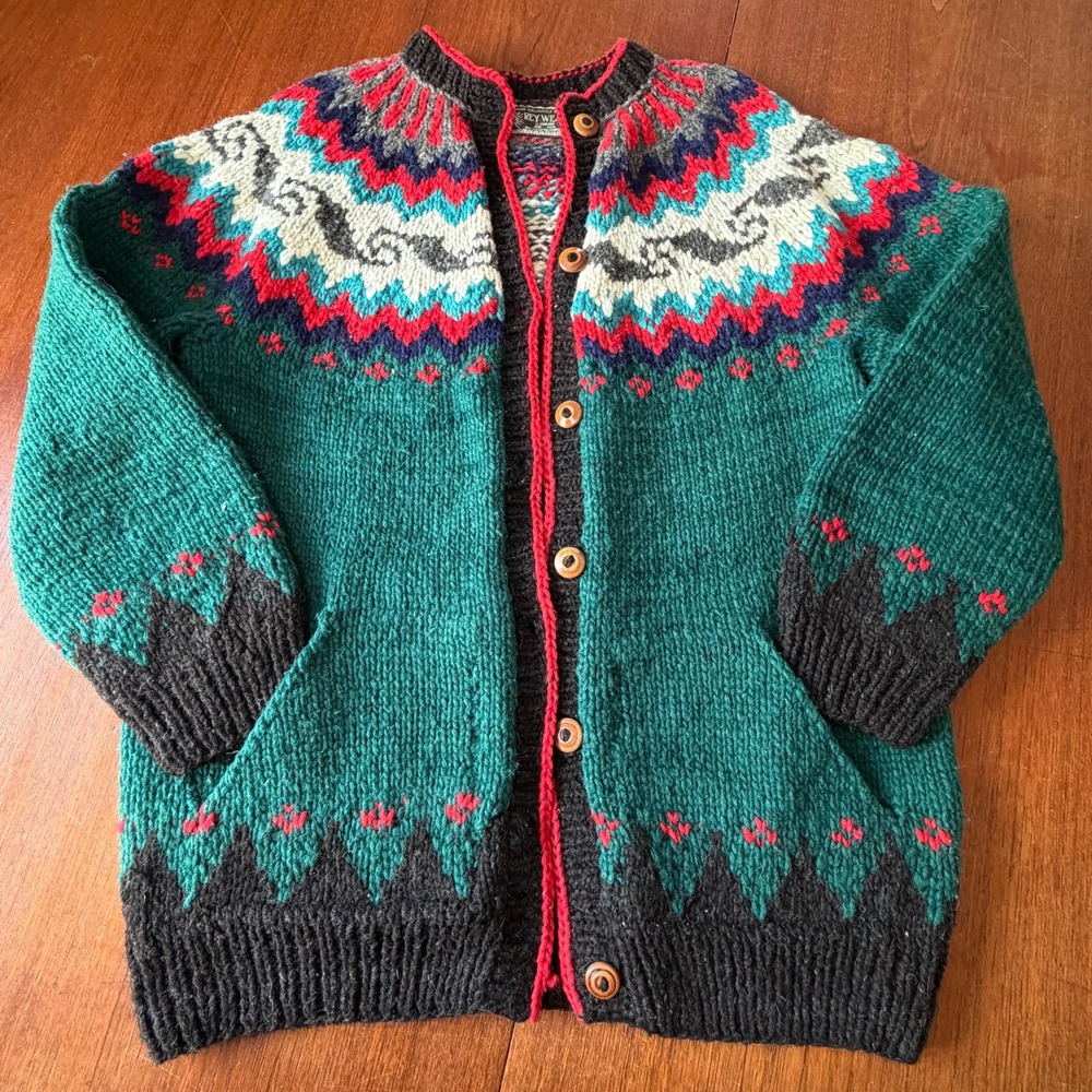Rey Wear Handmade Wool Cardigan Green Fair Isle Llama Chunky Sweater Ecuador